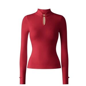 OGL Women Small Red Top Long Sleeve Mandarin Collar Frog Button Keyhole Ltd Ed
